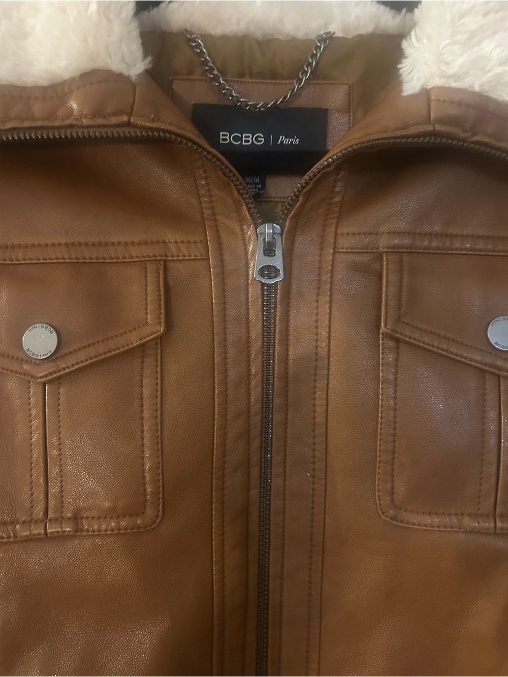 BCBG Tan Faux-Leather Moto Jacket with Cream Sherpa Collar - Picture 5 of 15